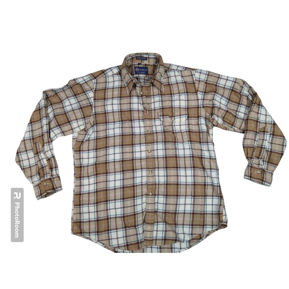 VIYELLA Wool Blend Button Up Shirt Men's Large Yellow Blue Plaid Long‎ Sleeve
